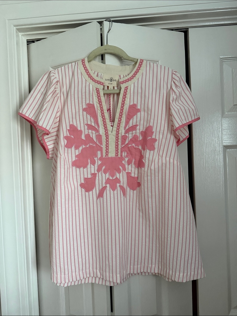Umgee Pink and White Striped Embroidered Tunic